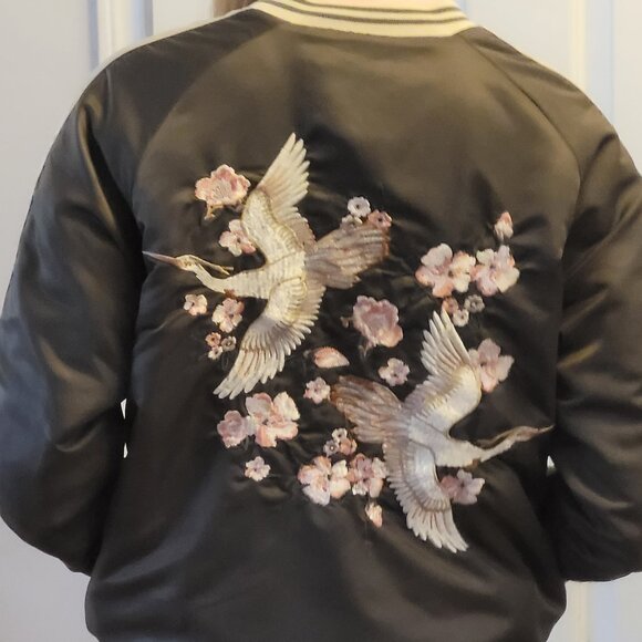Forever 21 Birds Satin Varsity Bomber Jacket - Cranes Embroidered Jacket - Picture 1 of 3